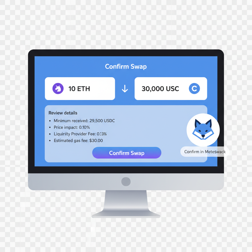 Uniswap swap confirmation screen with review details before MetaMask popup