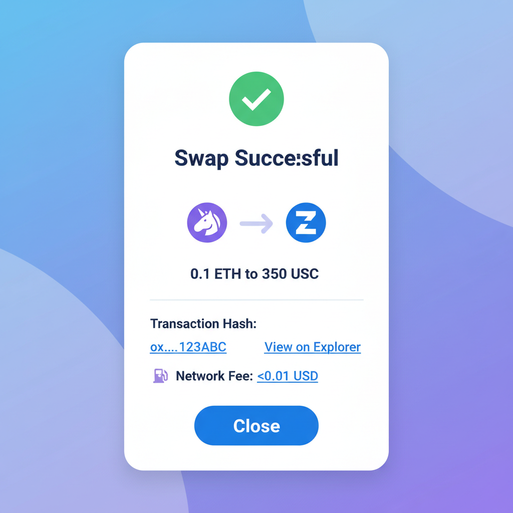 screenshot of successful Uniswap swap confirmation on zkSync with tx hash and low fee display