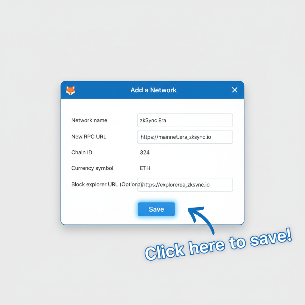 MetaMask save network button highlighted, zkSync Era details visible in form