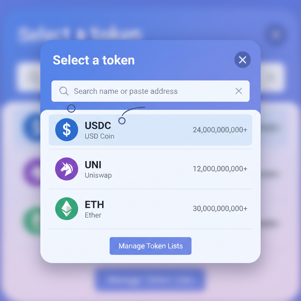 Uniswap token selector modal with USDC search results