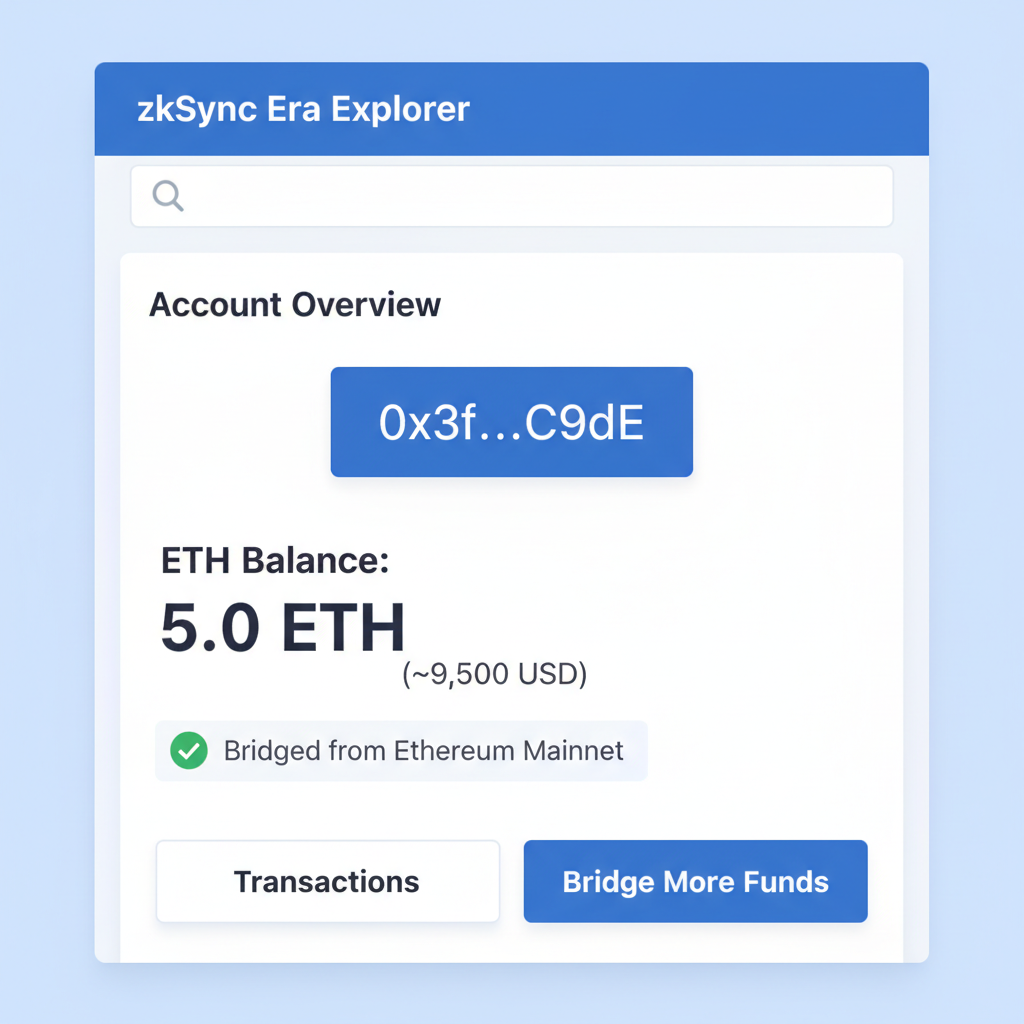 screenshot of zkSync Era explorer showing wallet address with ETH balance after bridging