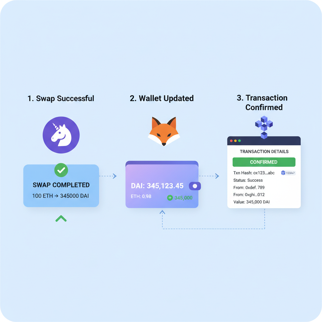 Uniswap success notification, MetaMask token balance updated, explorer confirmation