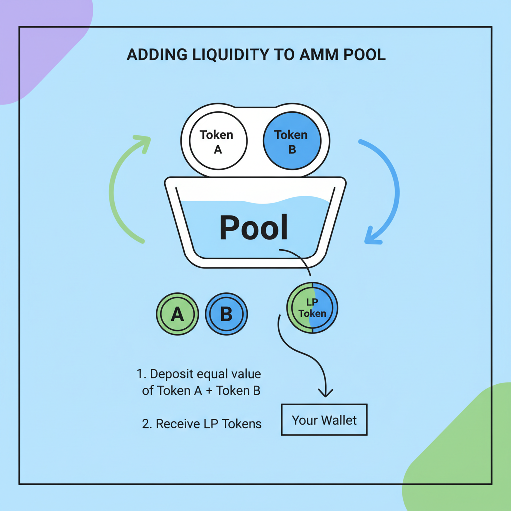 diagram adding liquidity to AMM pool, arrows depositing coins