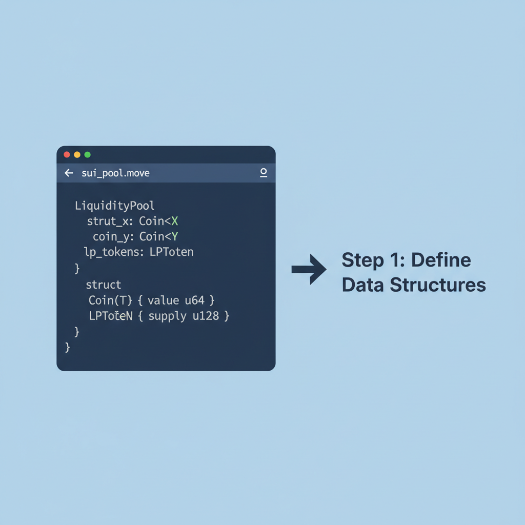 Sui Move code editor showing struct definitions for liquidity pool