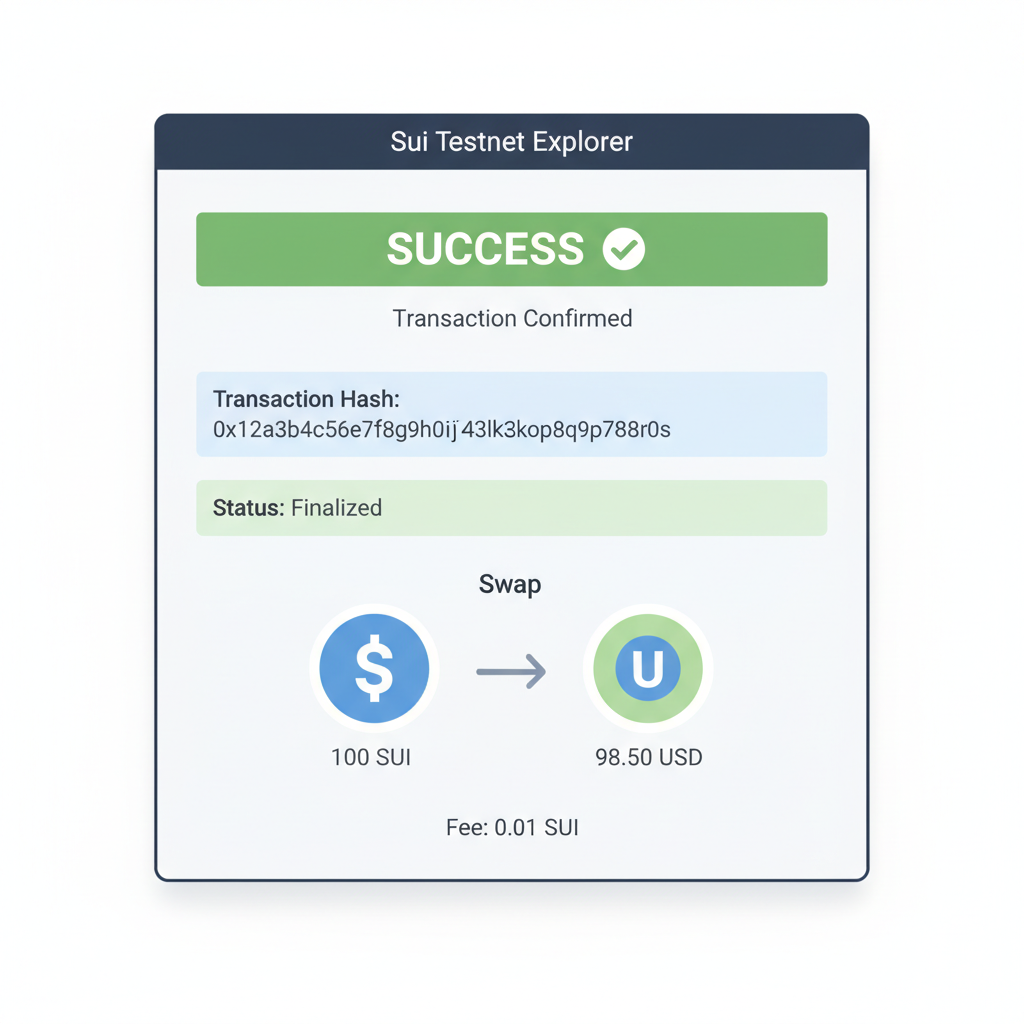 blockchain explorer showing successful Sui testnet swap transaction