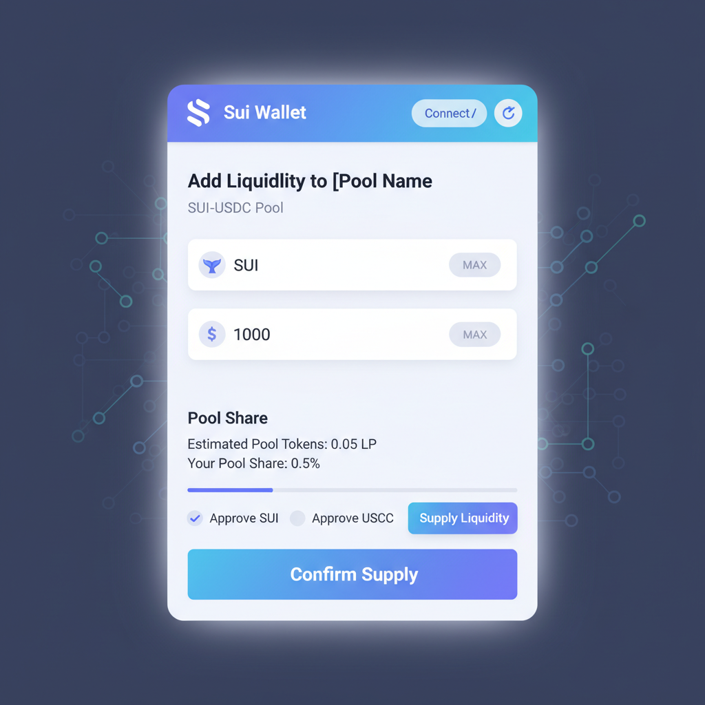 Sui wallet interface adding liquidity to DeFi pool