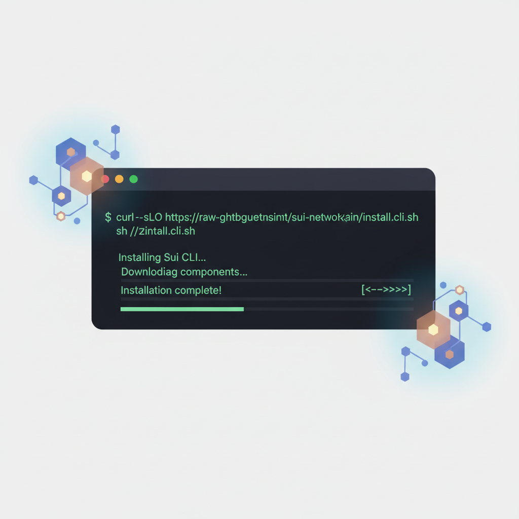 developer terminal installing Sui CLI, blockchain nodes glowing
