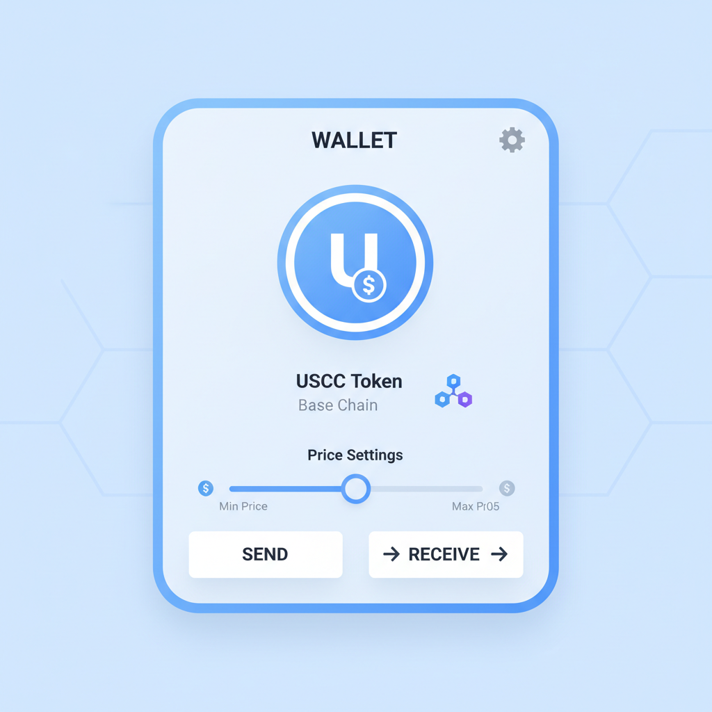 wallet interface with USDC token, Base chain icons, price settings slider, clean tech UI