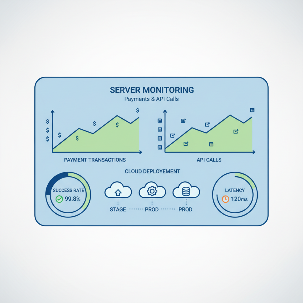 server dashboard monitoring payments and API calls, graphs rising, cloud deployment icons