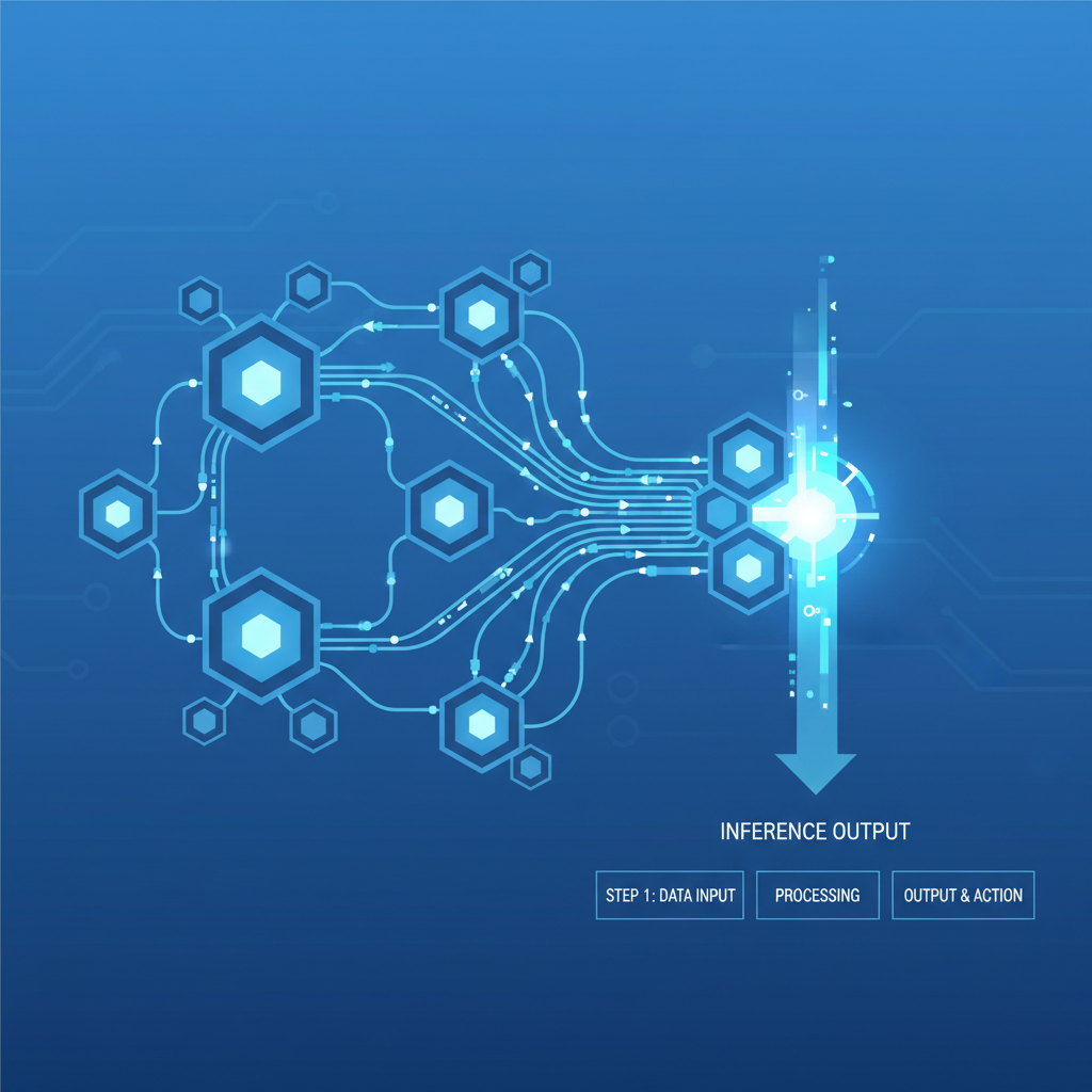 AI neural network processing data, glowing nodes, inference output flowing, futuristic blue tones