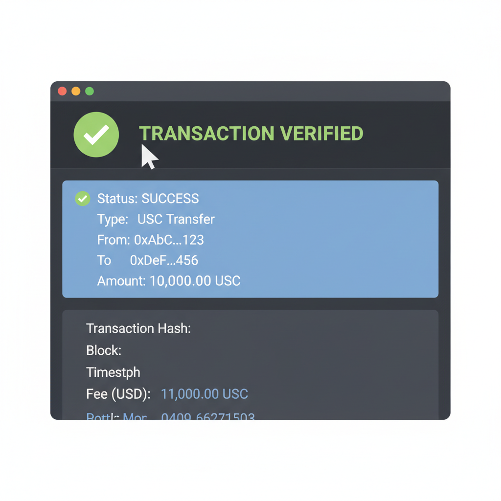 blockchain explorer UI verifying USDC transaction, green checkmark, transaction details highlighted