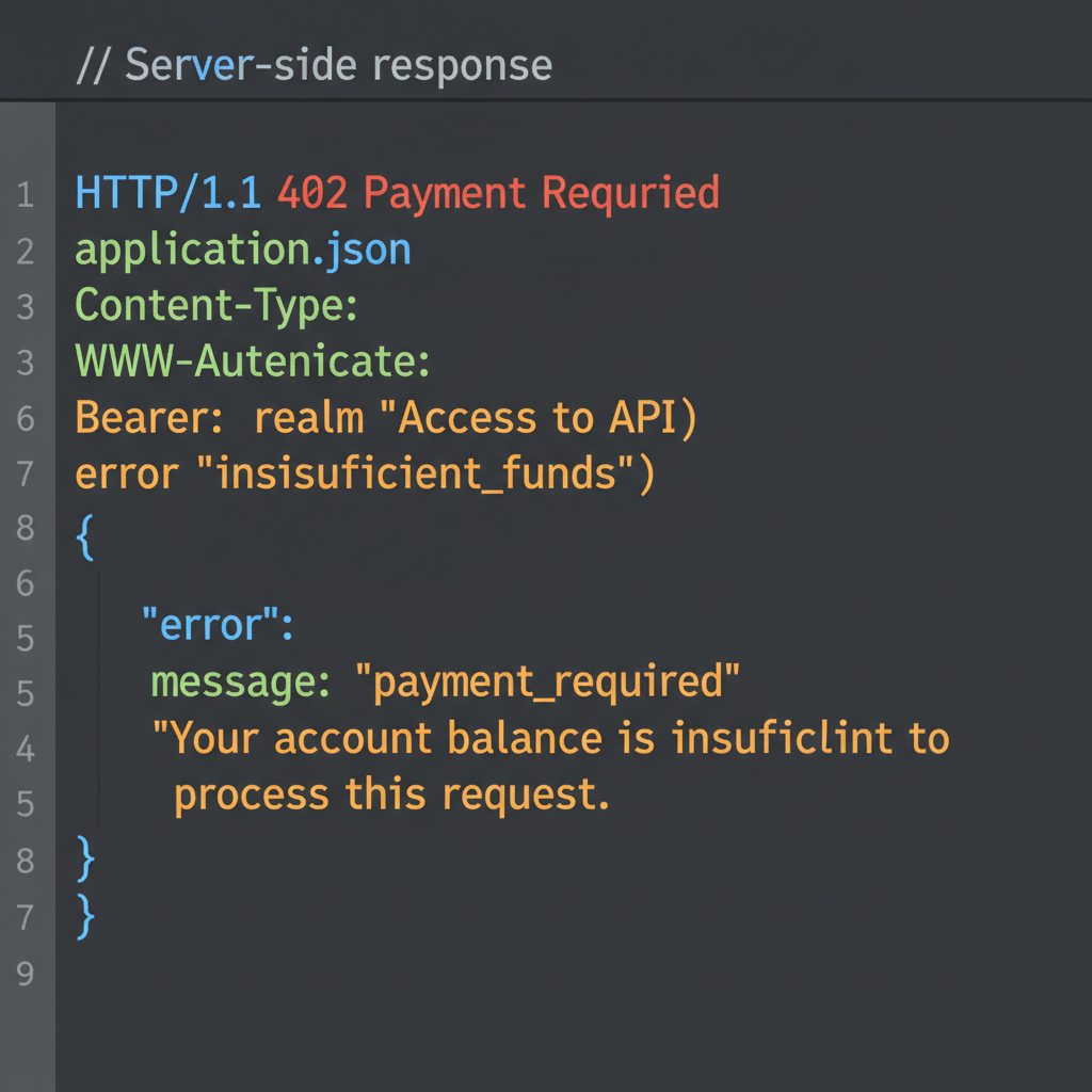 code snippet in editor showing HTTP 402 response with WWW-Authenticate header, dark mode syntax highlight