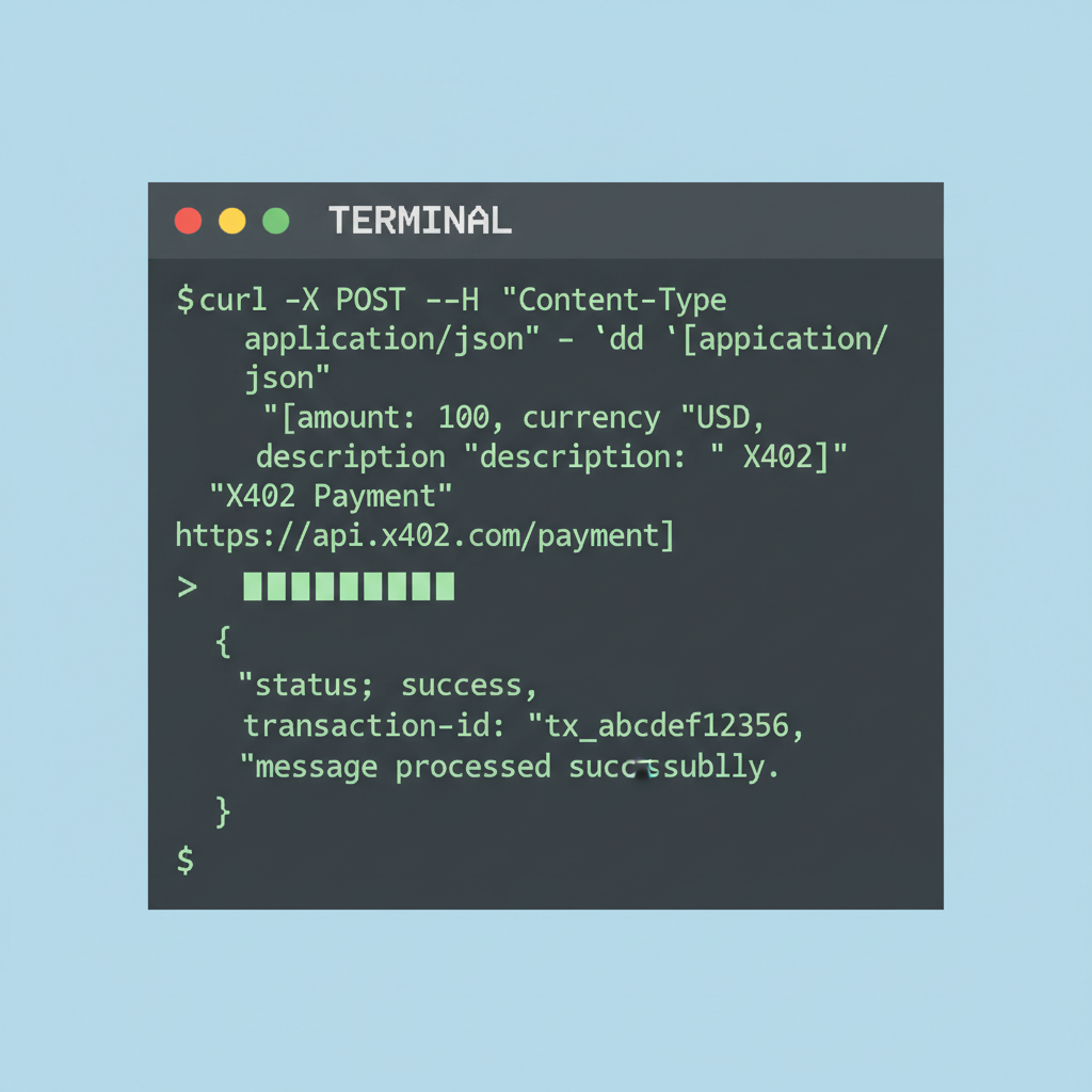terminal window running curl command with x402 payment flow, success response, command line art