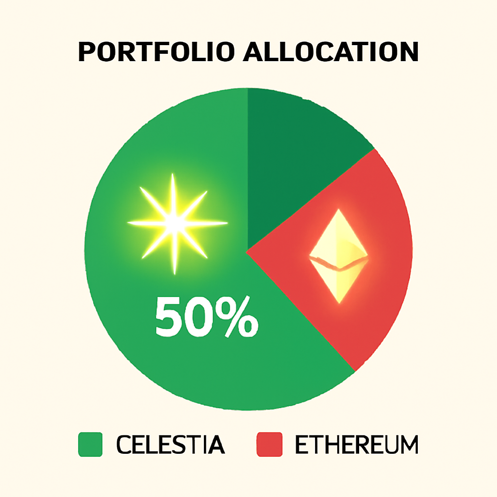 pie chart portfolio allocation 50% Celestia blobs green slice dominant, Ethereum red smaller, glowing crypto assets
