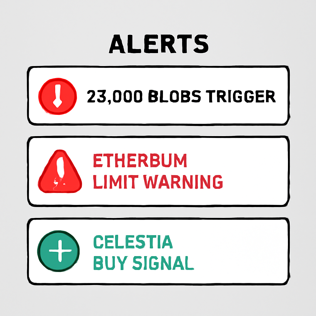 alert notification screen with 25,600 blobs trigger, red Ethereum limit warning, green Celestia buy signal