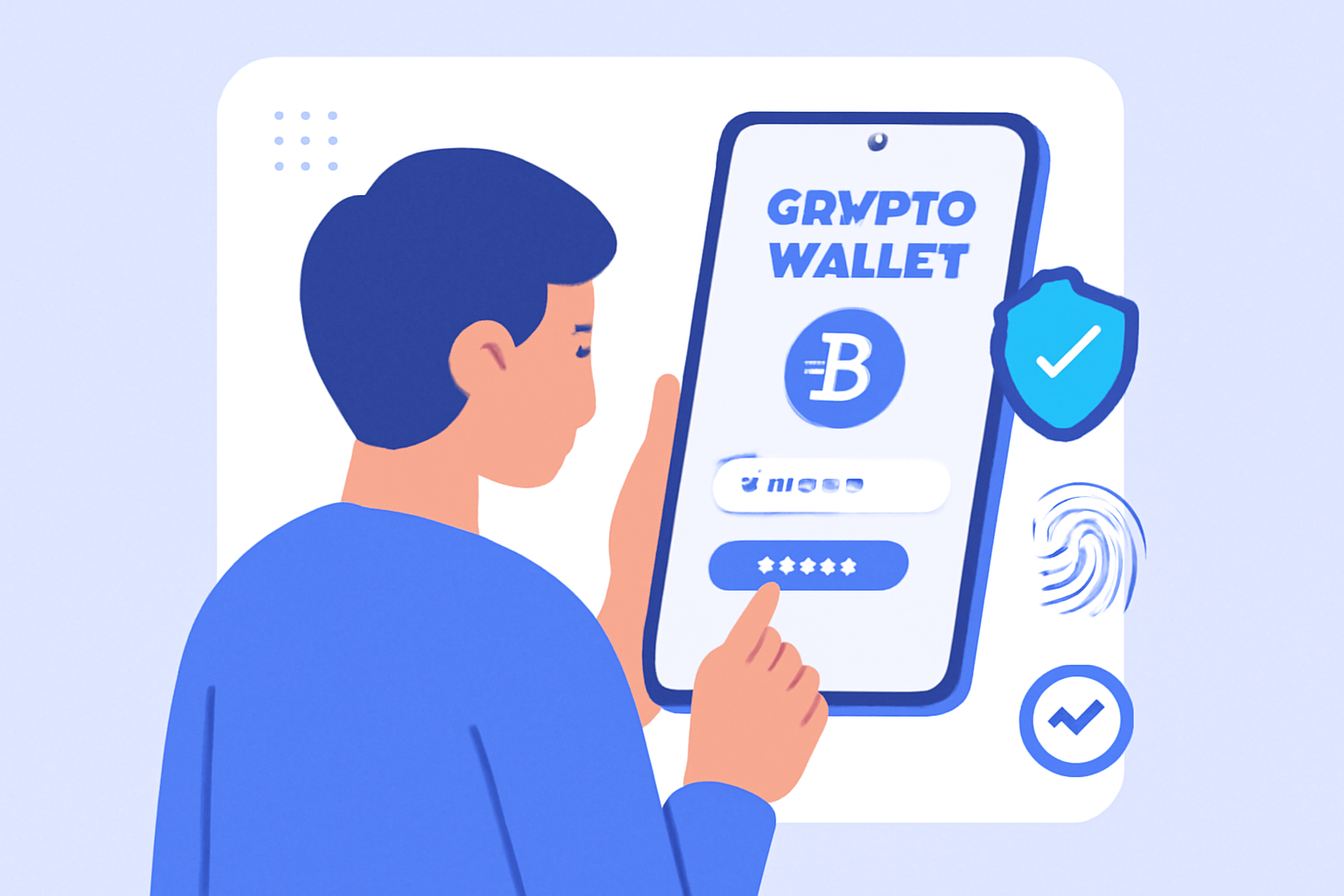 a person using a smartphone to set up a crypto wallet app, with a focus on security and user-friendly interface, futuristic 2025 style