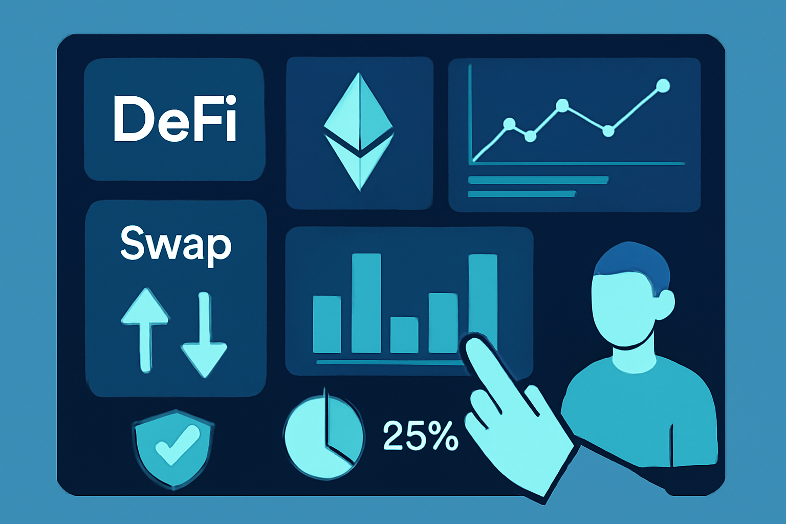 a futuristic dashboard displaying multiple DeFi apps, charts, and analytics, with a focus on security and user-friendliness