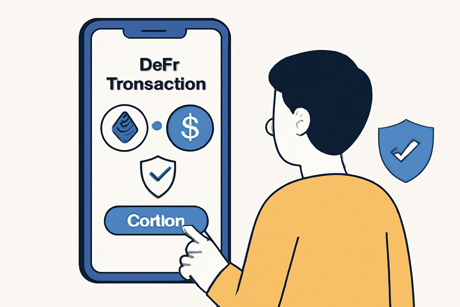 a user confirming a DeFi transaction on a sleek app interface, with ETH and USDC icons, and a shield symbol for security