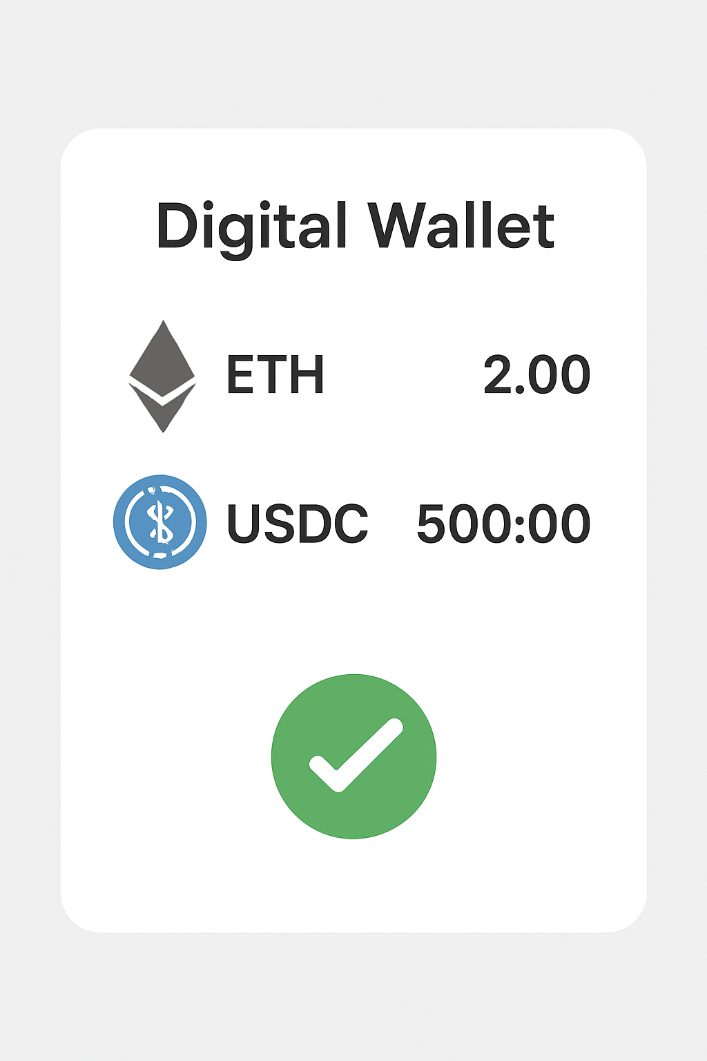 a digital wallet interface showing ETH and USDC balances, with a green checkmark indicating successful transfer