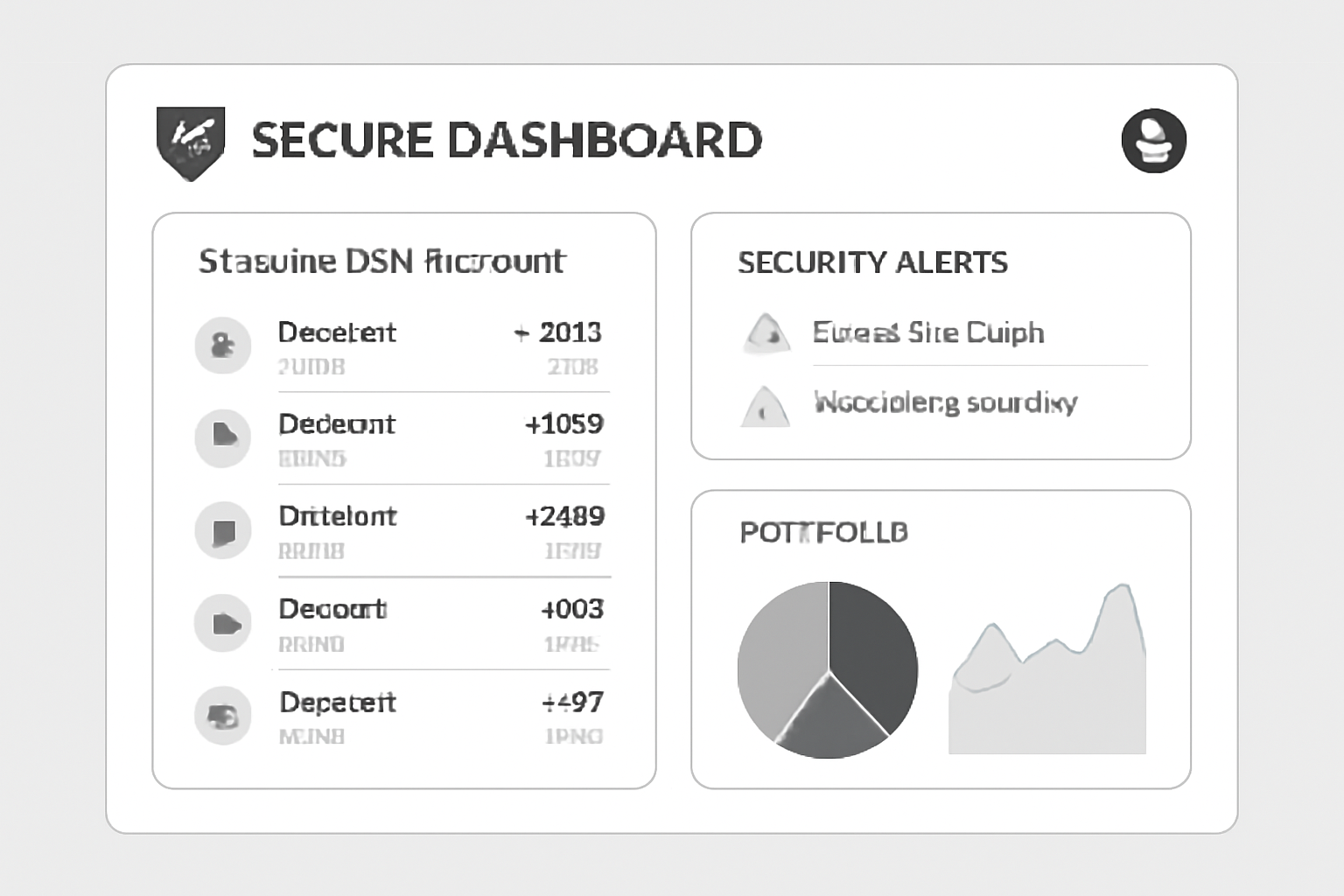 a secure digital dashboard with transaction history, security alerts, and portfolio charts, modern and clean design