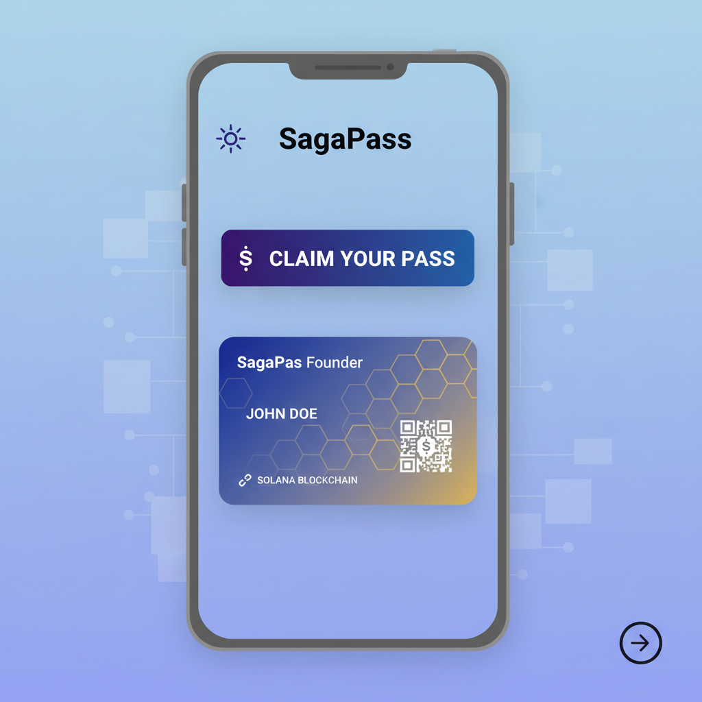 Mobile app screen on Saga phone displaying SagaPass claim button, membership card preview, Solana blockchain theme