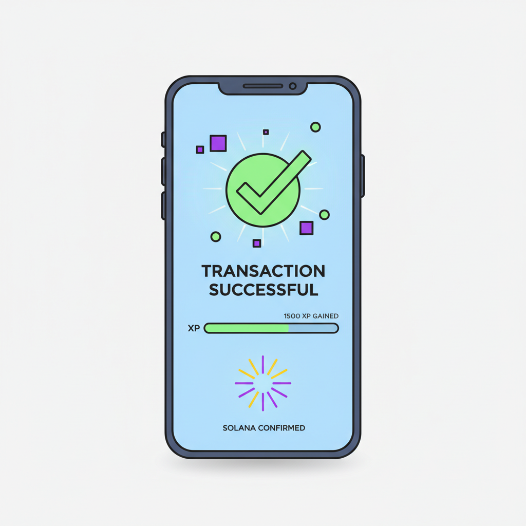 Transaction confirmation screen on Saga phone, XP tracker UI, success checkmark, glowing Solana effects