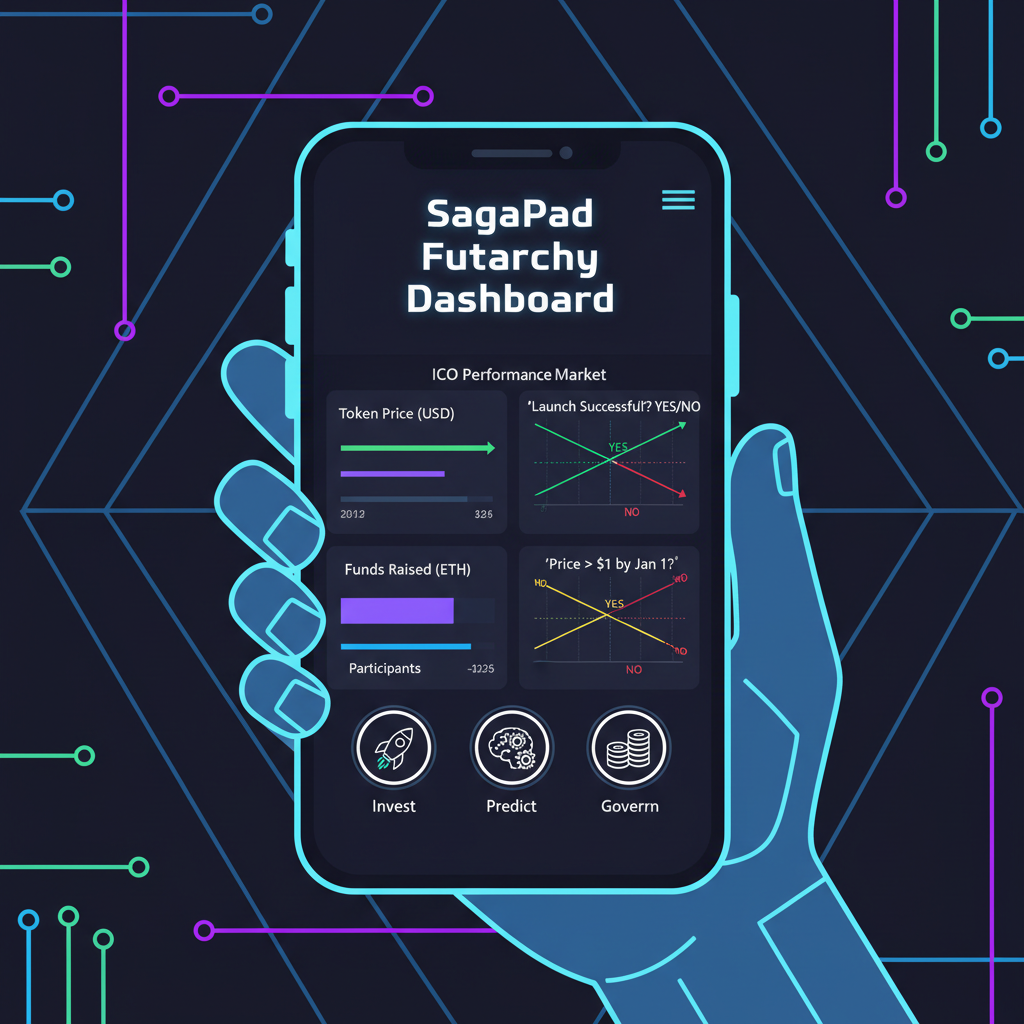 SagaPad app futarchy dashboard on phone, charts and metrics for ICO, prediction market graphs, cyberpunk style