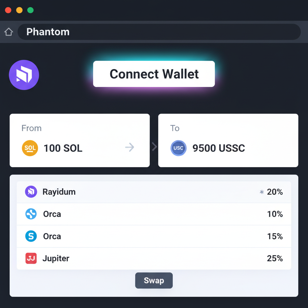 Clean web dashboard of Solana DEX aggregator with glowing 'Connect Wallet' button and Phantom wallet icon