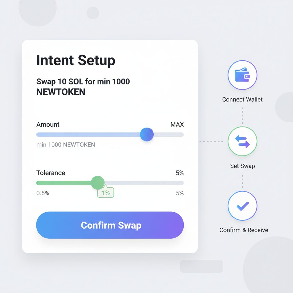 Intent setup form showing 'Swap 10 SOL for min 1000 NEWTOKEN' sliders for amount and tolerance