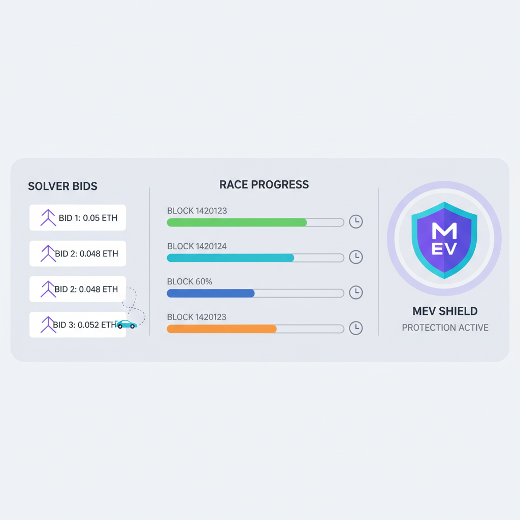 Live dashboard with solver bids racing, progress bars, and MEV shield icon