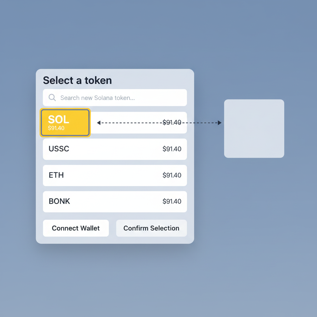 Token selection interface on DEX with SOL at $91.40 highlighted and search bar for new Solana token