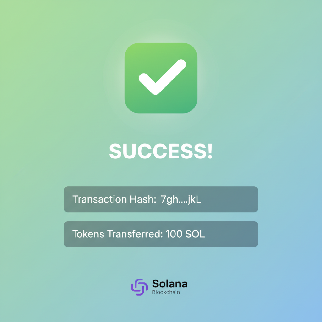 Success screen with green checkmark, transaction hash, and tokens transferred on Solana blockchain