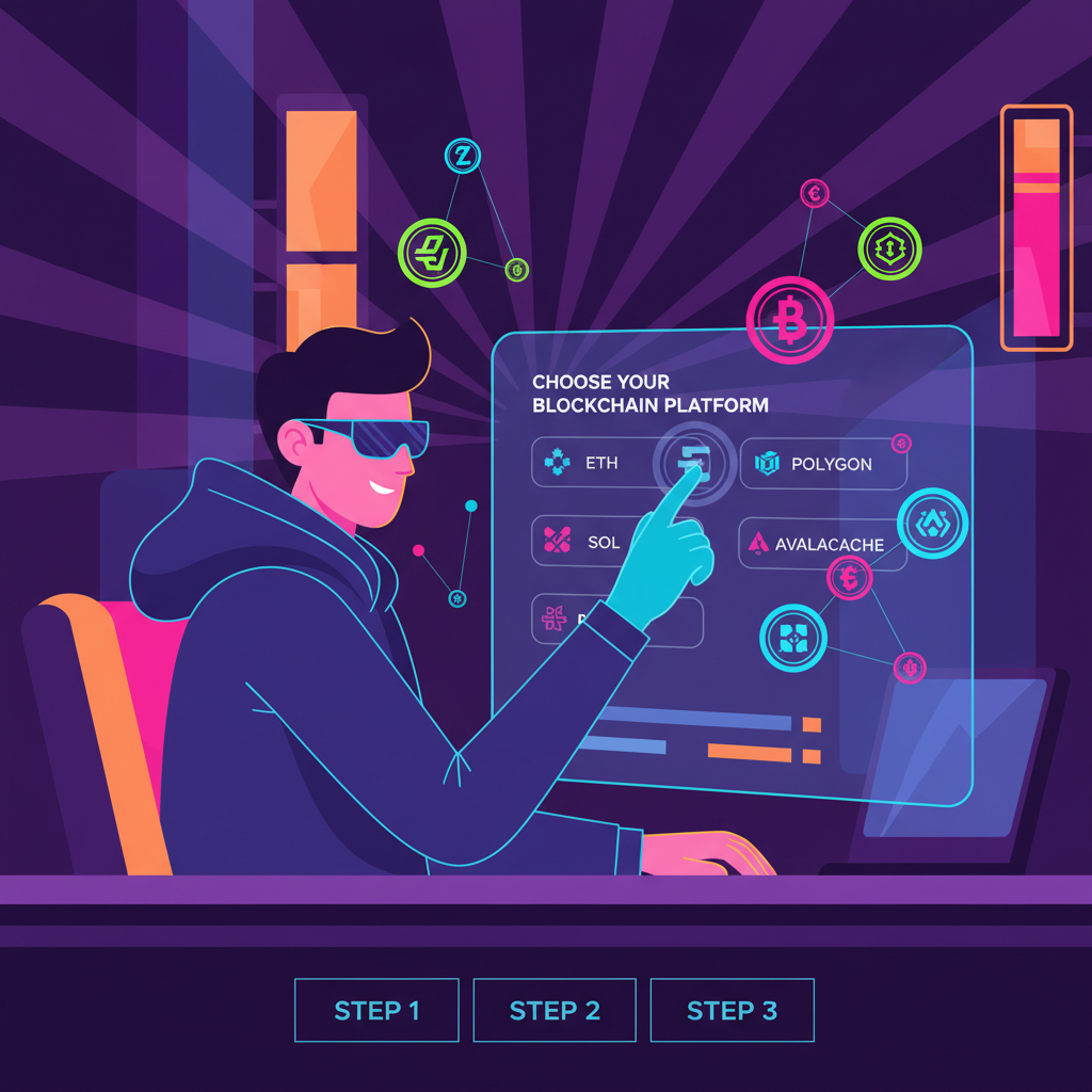 creator selecting blockchain platform dashboard, neon tokens glowing, cyberpunk vibe
