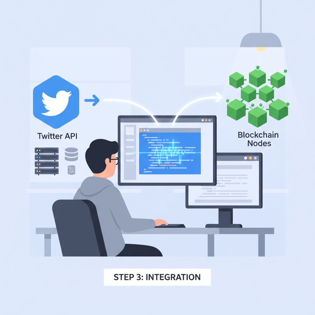 developer integrating Twitter API with blockchain nodes, code lines pulsing