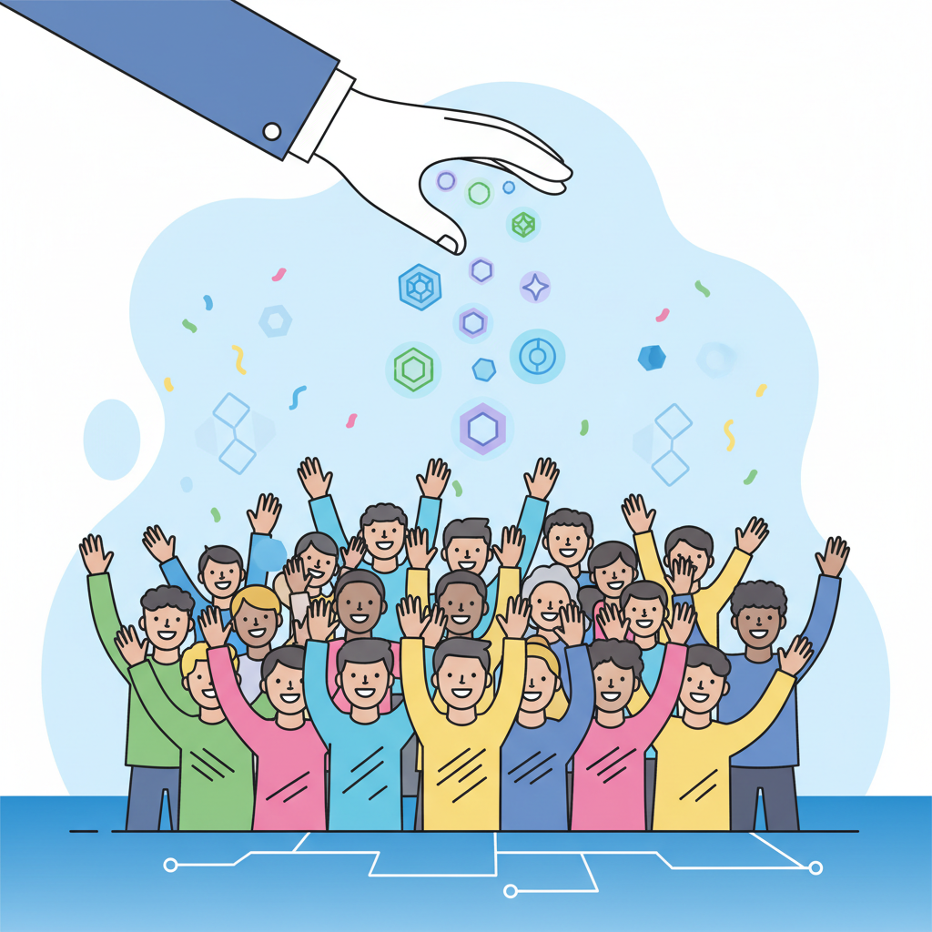 airdropping glowing tokens to excited superfans crowd, confetti blockchain style