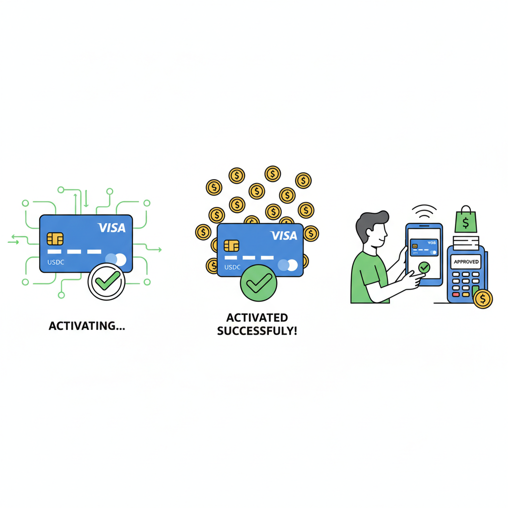 virtual Visa card activating with success animation, confetti USDC coins, shopper using card at merchant terminal