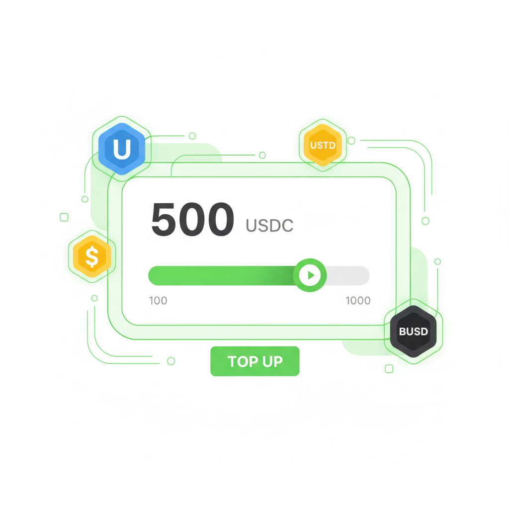 input field on crypto top-up page with USDC amount slider, stablecoin icons floating, vibrant green accents