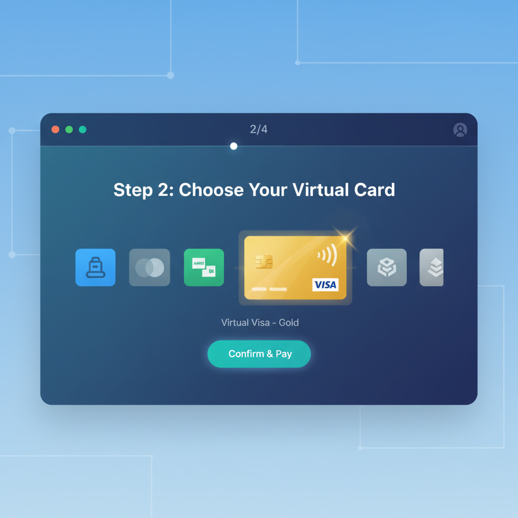 clean web interface highlighting virtual Visa card selection, golden card icon shining, futuristic payment UI