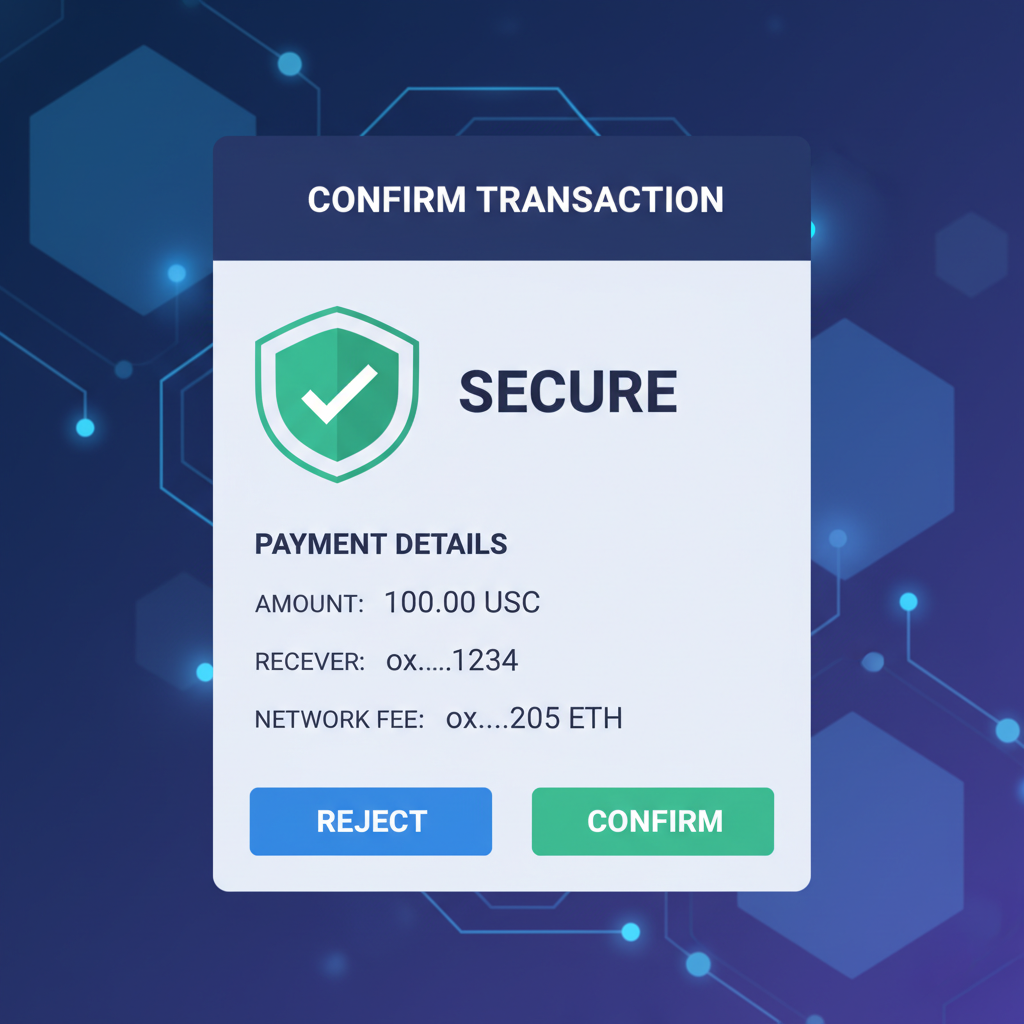 wallet popup confirmation screen for USDC transaction, secure checkmark, blockchain network visuals in background