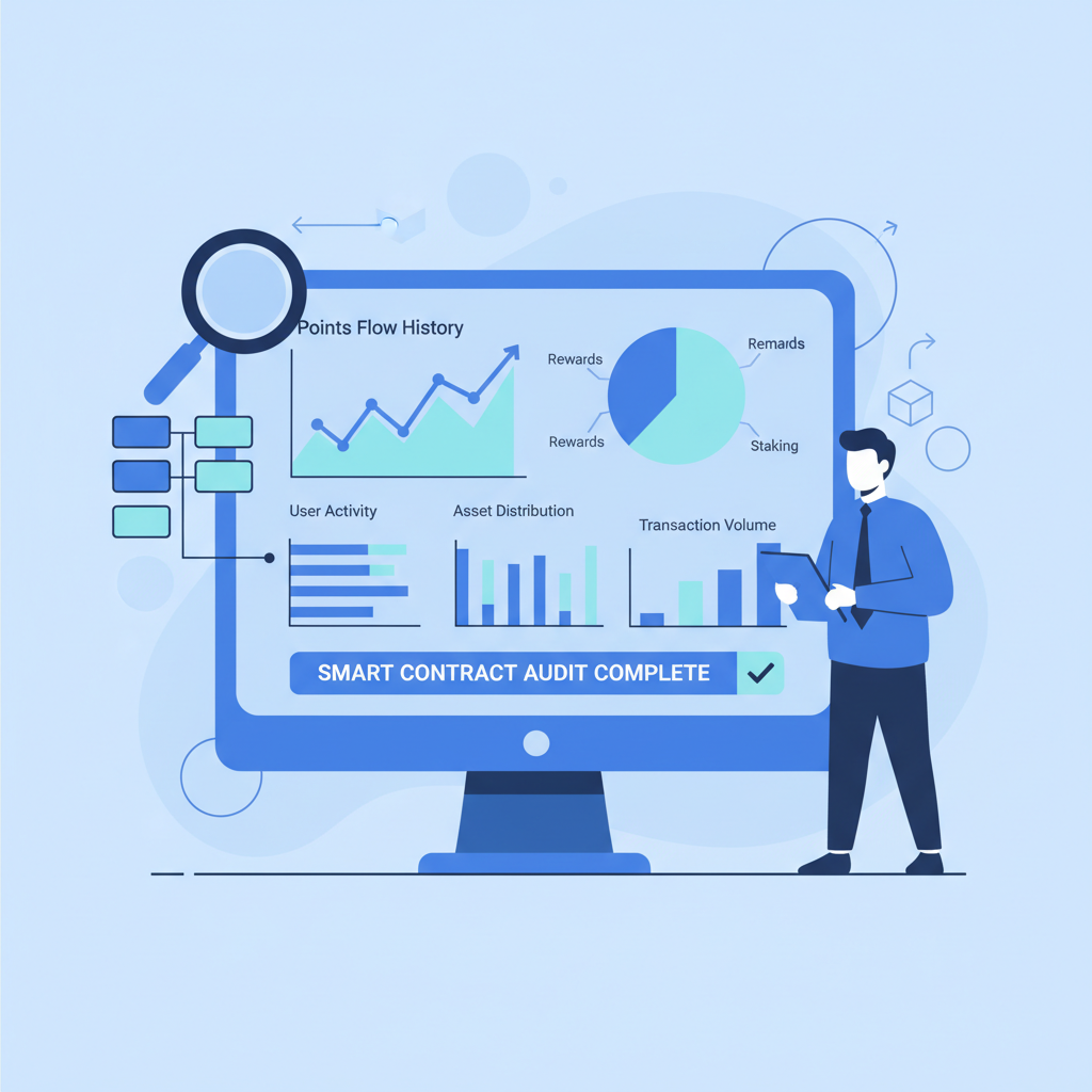 professional audit of loyalty points data on blockchain dashboard, charts and graphs, blue tones