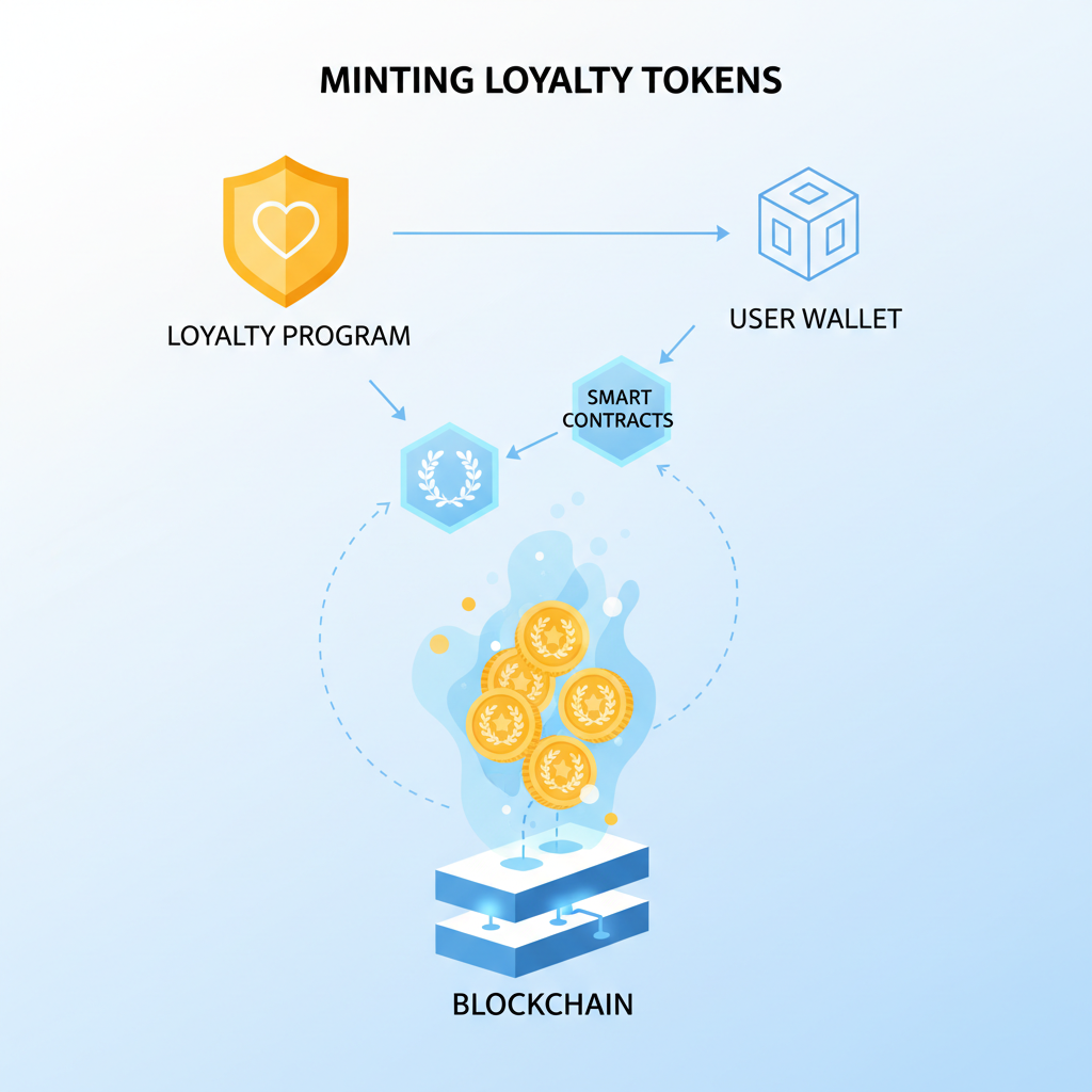 minting loyalty tokens on blockchain, golden tokens emerging, ethereal glow