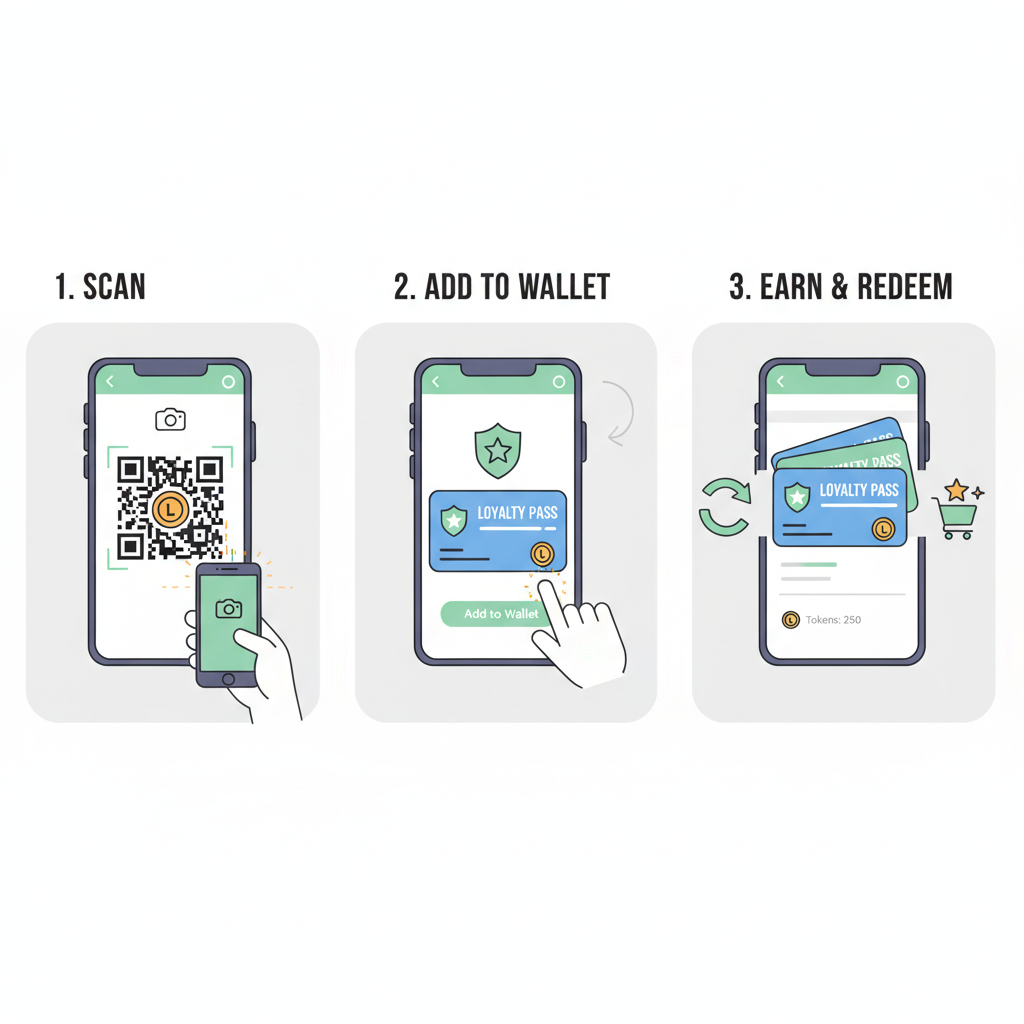 wallet integration for loyalty tokens, mobile app scanning QR, seamless connection