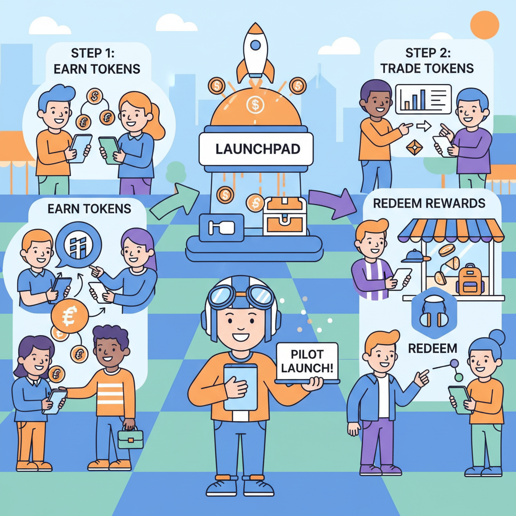 pilot launch event with users earning trading redeeming tokens, vibrant retail scene