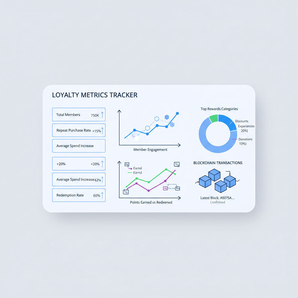analytics dashboard tracking loyalty metrics, graphs rising, blockchain elements
