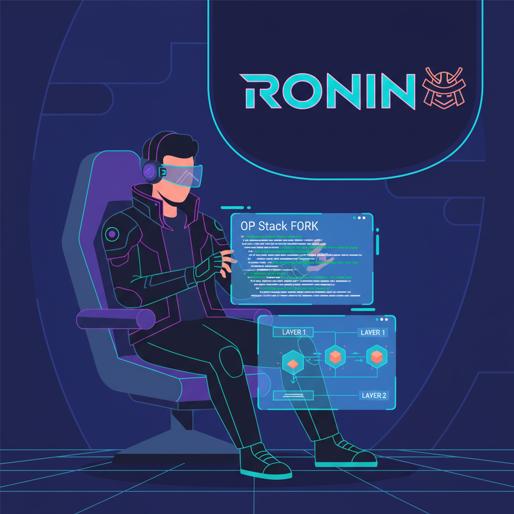 futuristic developer forking OP Stack code on holographic screen, Ronin gaming neon lights, blockchain rollup visualization, cyberpunk style