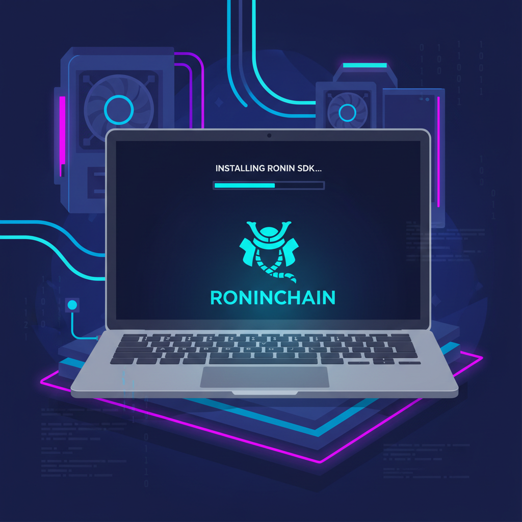 sleek developer laptop installing Ronin SDK, glowing roninchain logo, cyberpunk gaming rig background