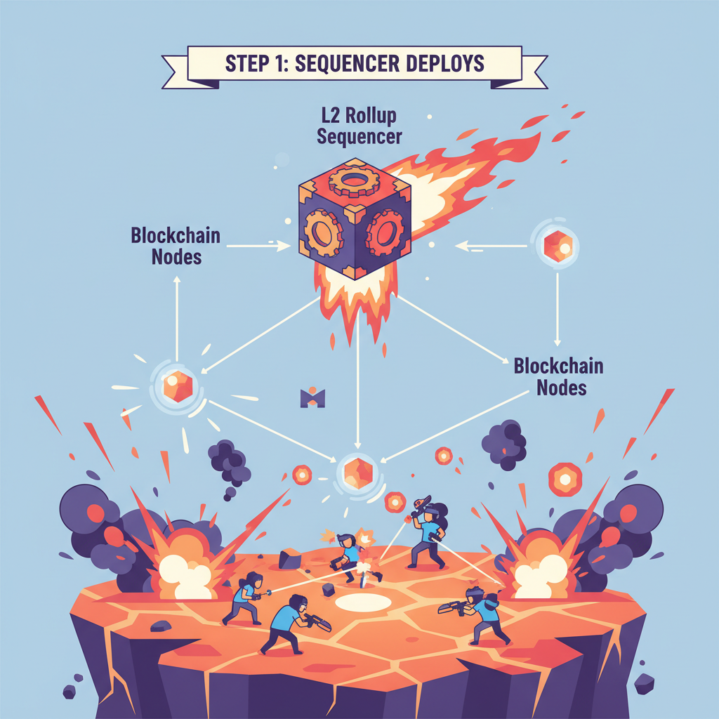 explosive battle royale game scene with L2 rollup sequencer deploying, blockchain nodes connecting, fiery action graphics