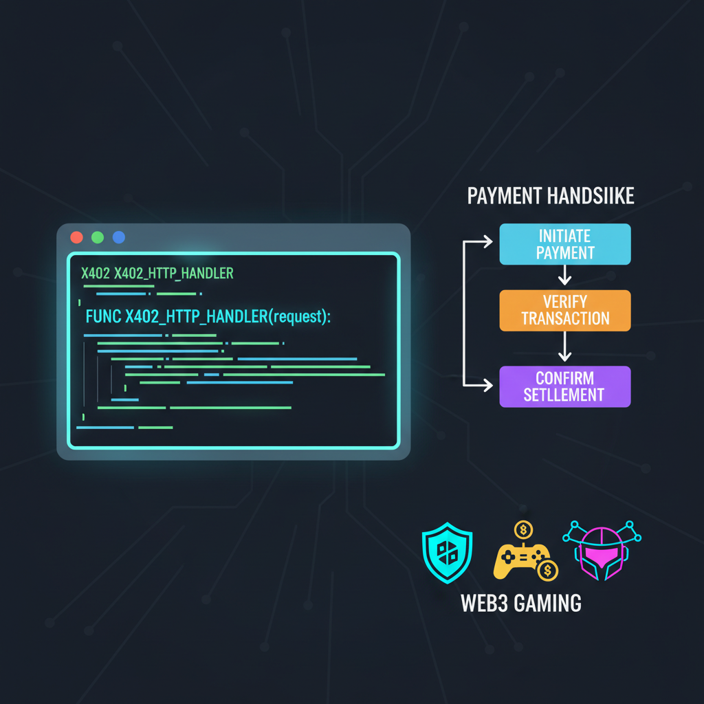 embedding x402 HTTP handler code glowing in terminal, payment handshake flowchart, web3 gaming icons, vibrant digital art