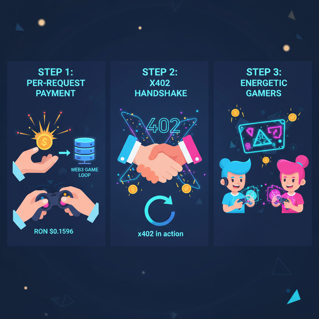 web3 game loop testing per-request payments, exploding coins RON $0.1596, x402 handshake in action, energetic gamers battling, neon graphics