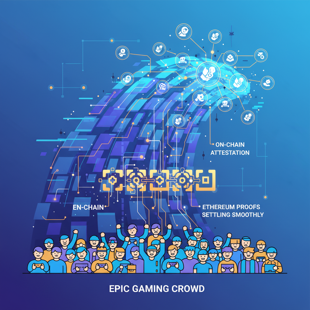 massive transaction batching wave, on-chain attestation glowing, Ethereum proofs settling smoothly, epic gaming crowd
